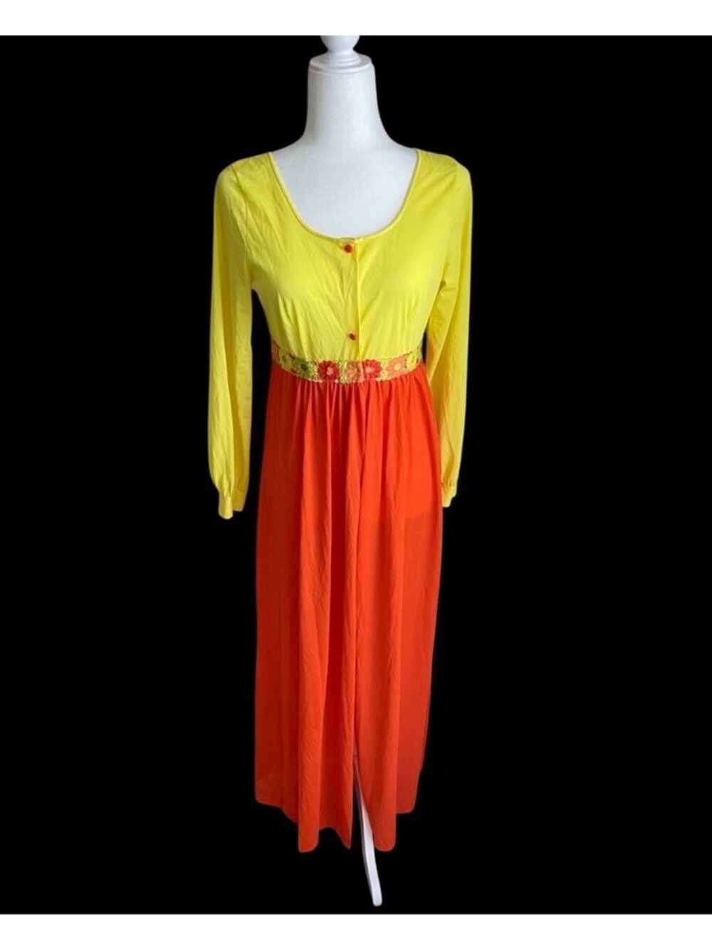 Vintage 1960s Retro S Floral Maxi Dress Duster Embroidered Waistband hippie Read